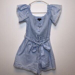 Privy Light Blue Romper with Lace Accents